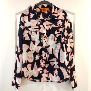 Tory Burch Top 1/4 Button V-Neck Cotton Navy Blue With White Birds Size 12